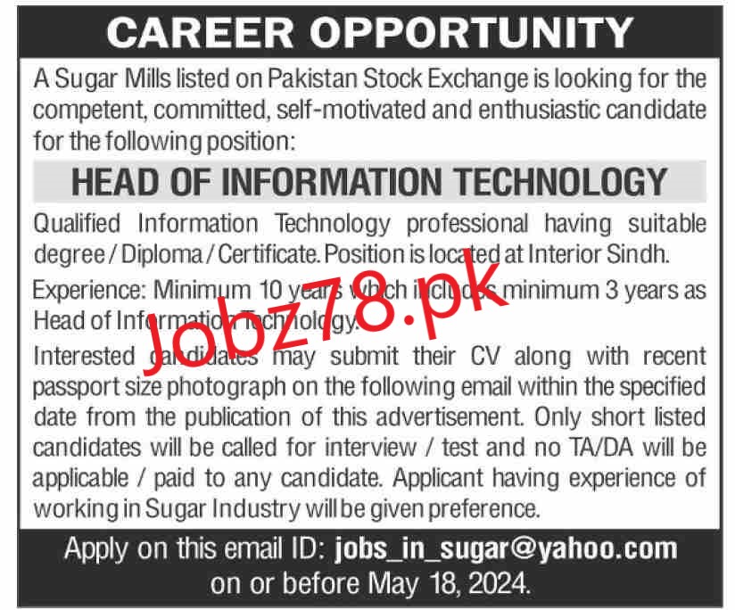 A Sugar Mills Pakistan Stock Exchange Jobs In Sindh May 2024