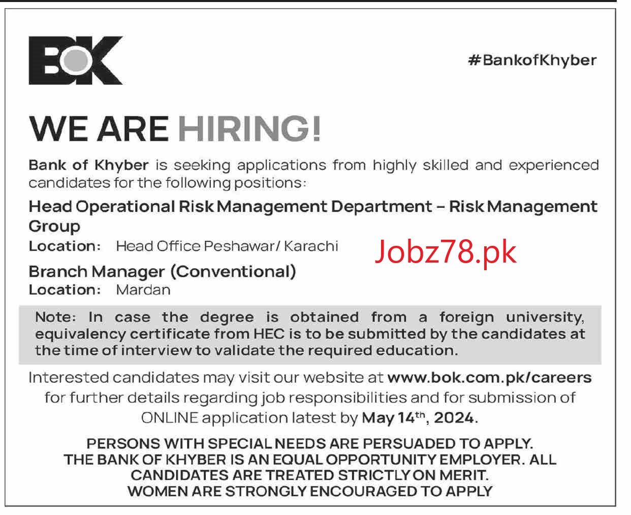 Bank of Khyber Jobs In Peshawar And Karachi May 2024