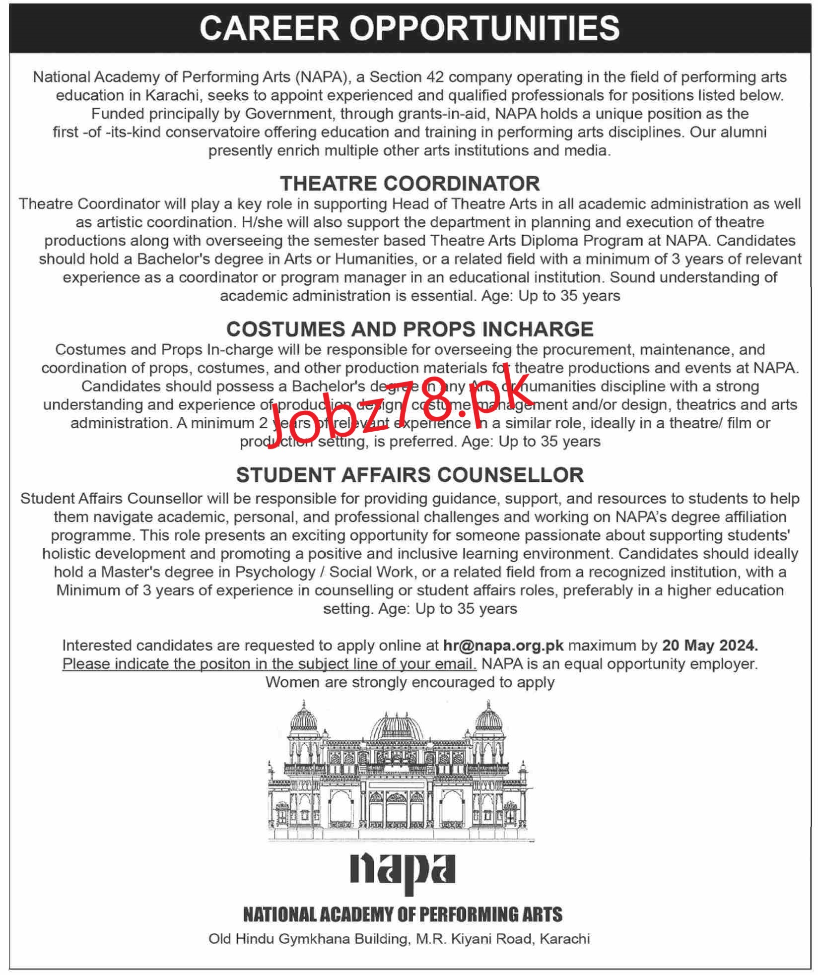 National Academy of Performing Arts (NAPA) Jobs May 2024