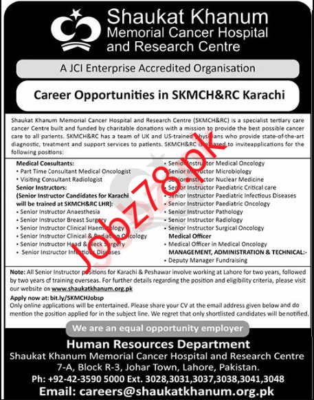 Shaukat Khanum SKMCH&RC Jobs In Karachi May 2024