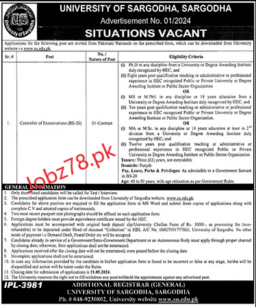 University of Sargodha Jobs In Sargodha May 2024